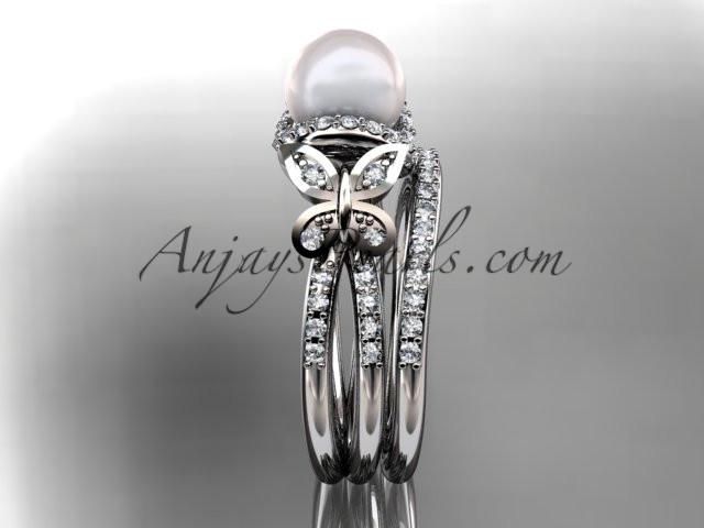 14kt white gold diamond pearl unique engagement set, butterfly wedding ring AP141S - AnjaysDesigns