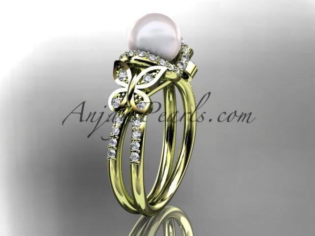 14kt yellow gold diamond pearl unique engagement ring, butterfly wedding ring AP141 - AnjaysDesigns