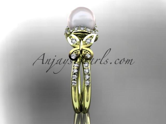 14kt yellow gold diamond pearl unique engagement ring, butterfly wedding ring AP141 - AnjaysDesigns