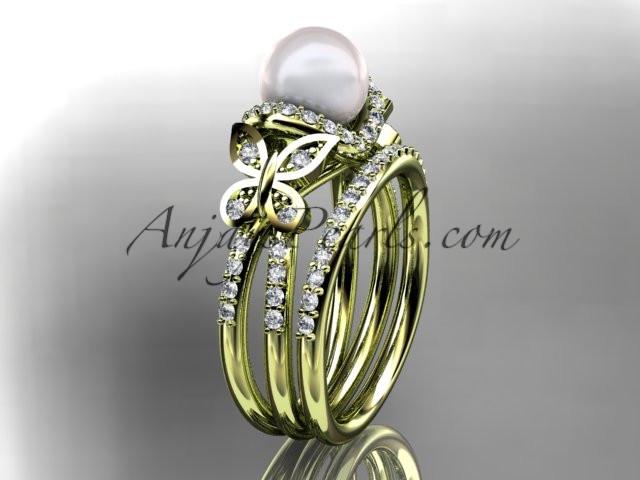 14kt yellow gold diamond pearl unique engagement set, butterfly wedding ring AP141S - AnjaysDesigns
