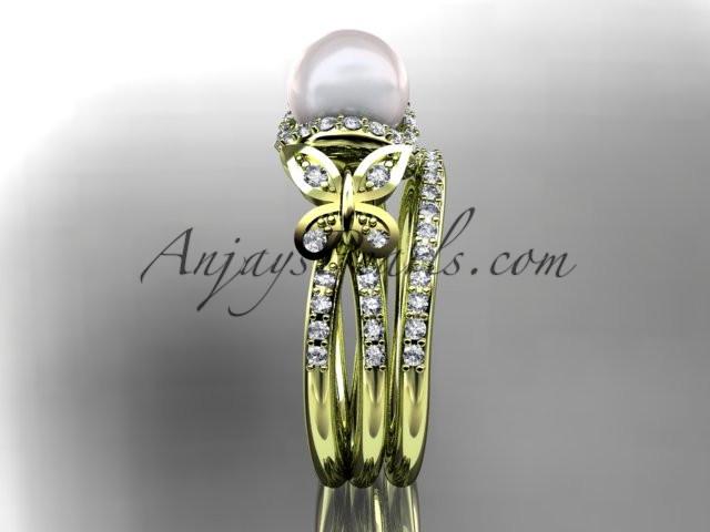 14kt yellow gold diamond pearl unique engagement set, butterfly wedding ring AP141S - AnjaysDesigns