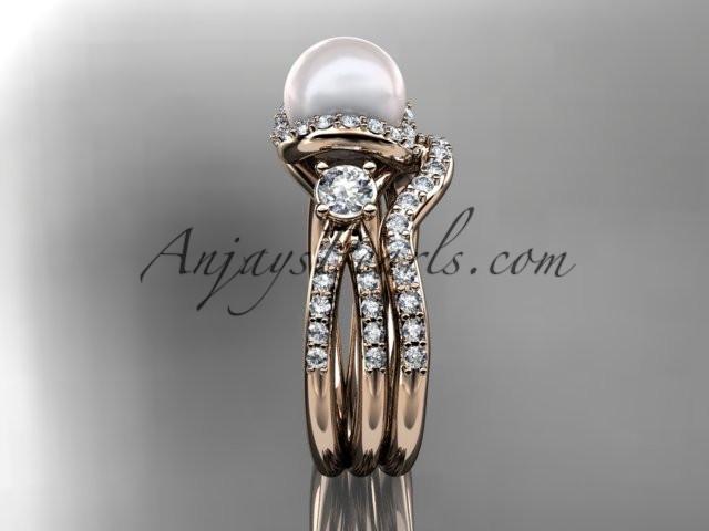 14kt rose gold diamond pearl unique engagement set, wedding ring AP146S - AnjaysDesigns