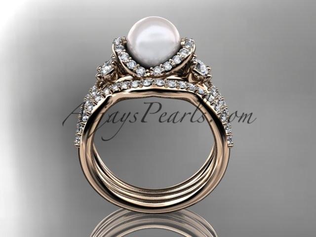 14kt rose gold diamond pearl unique engagement set, wedding ring AP146S - AnjaysDesigns