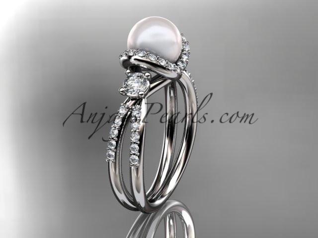 14kt white gold diamond pearl unique engagement ring, wedding ring AP146 - AnjaysDesigns