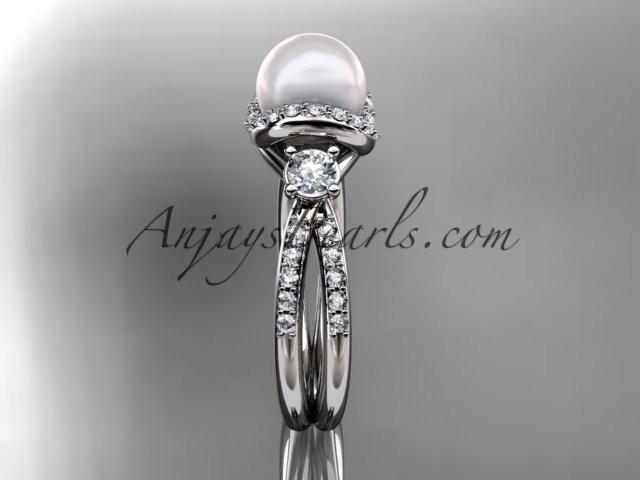 Platinum diamond pearl unique engagement ring, wedding ring AP146 - AnjaysDesigns