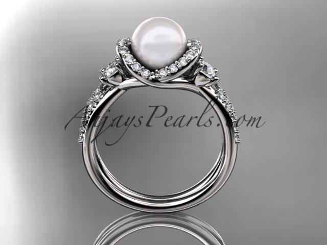 Platinum diamond pearl unique engagement ring, wedding ring AP146 - AnjaysDesigns