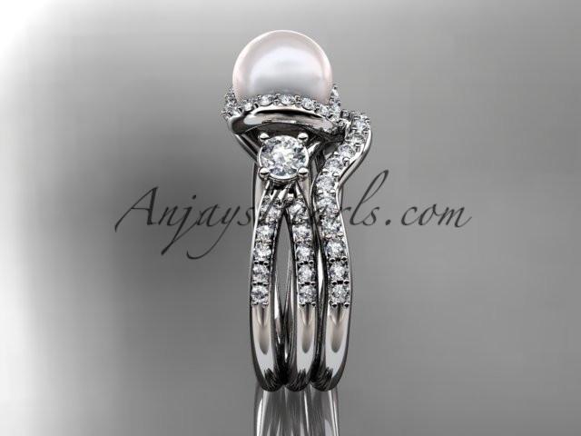 14kt white gold diamond pearl unique engagement set, wedding ring AP146S - AnjaysDesigns