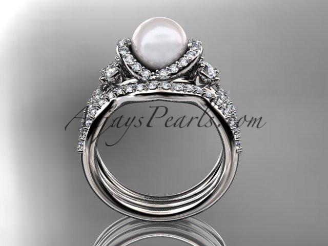 14kt white gold diamond pearl unique engagement set, wedding ring AP146S - AnjaysDesigns