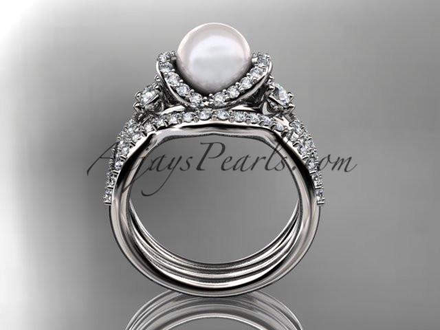 platinum diamond pearl unique engagement set, wedding ring AP146S - AnjaysDesigns