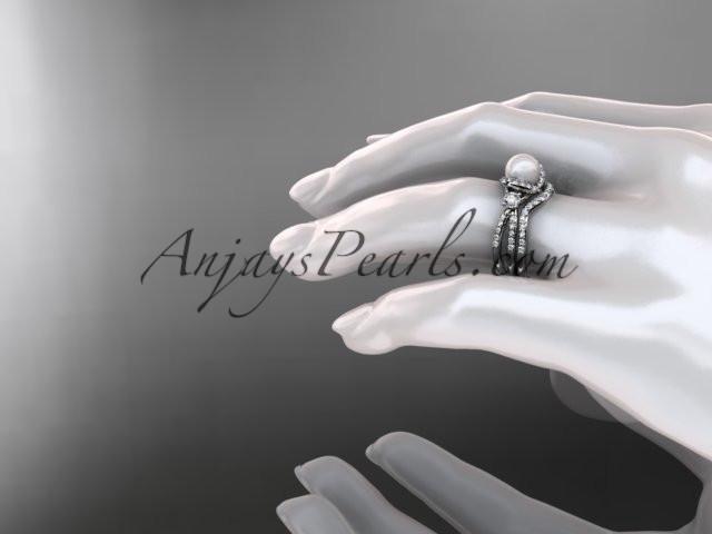 14kt white gold diamond pearl unique engagement set, wedding ring AP146S - AnjaysDesigns