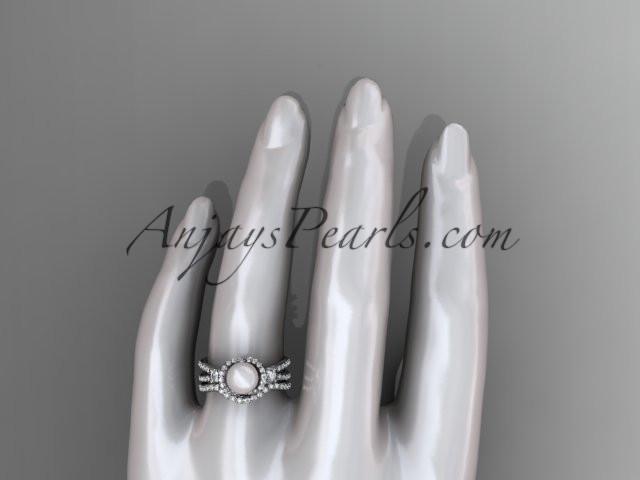 platinum diamond pearl unique engagement set, wedding ring AP146S - AnjaysDesigns