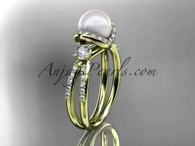 14kt yellow gold diamond pearl unique engagement ring, wedding ring AP146 - AnjaysDesigns