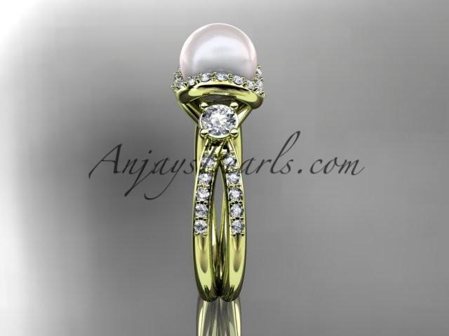 14kt yellow gold diamond pearl unique engagement ring, wedding ring AP146 - AnjaysDesigns
