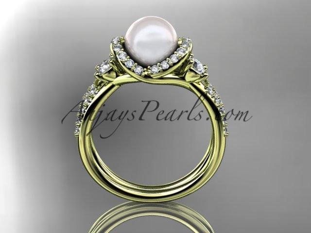 14kt yellow gold diamond pearl unique engagement ring, wedding ring AP146 - AnjaysDesigns
