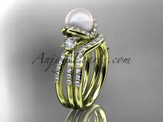 14kt yellow gold diamond pearl unique engagement set, wedding ring AP146S - AnjaysDesigns