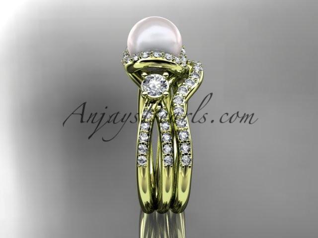 14kt yellow gold diamond pearl unique engagement set, wedding ring AP146S - AnjaysDesigns