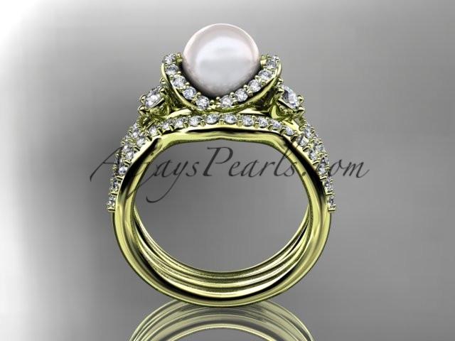 14kt yellow gold diamond pearl unique engagement set, wedding ring AP146S - AnjaysDesigns
