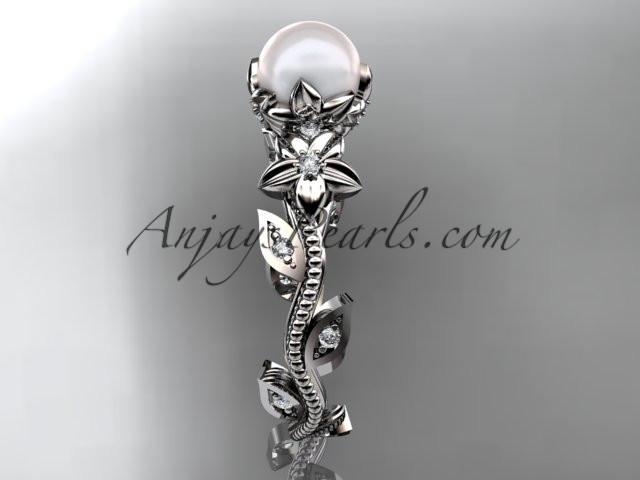 Platinum diamond pearl unique engagement ring, wedding ring AP151 - AnjaysDesigns