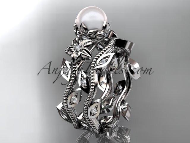 platinum diamond pearl unique engagement set, wedding set AP151S - AnjaysDesigns