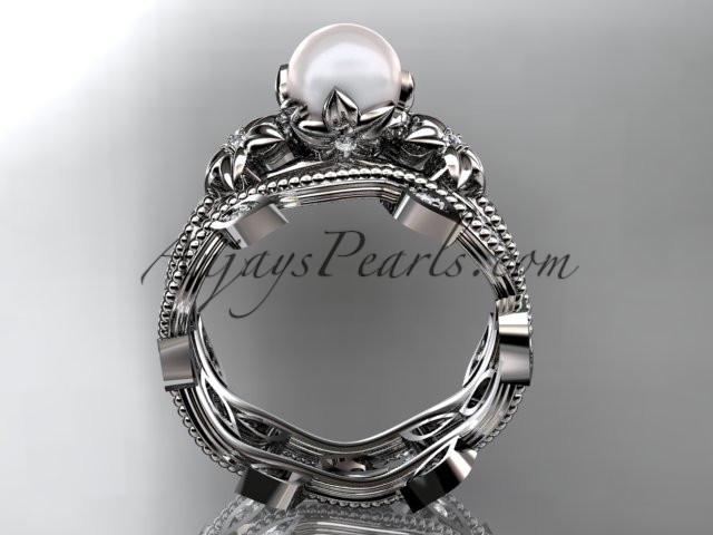 platinum diamond pearl unique engagement set, wedding set AP151S - AnjaysDesigns