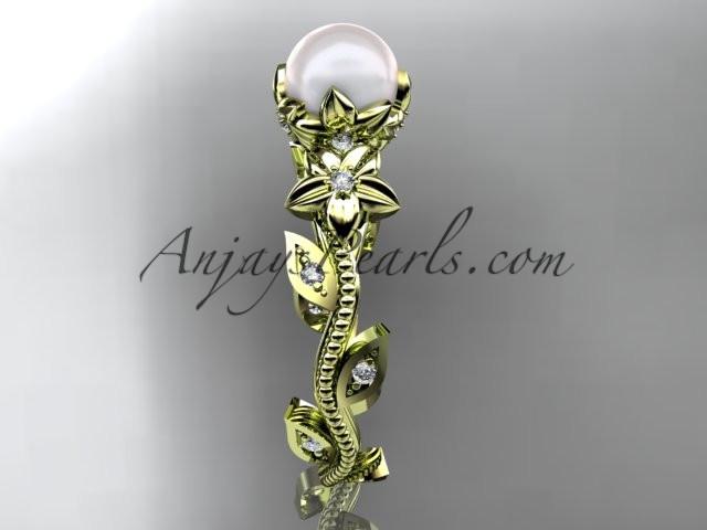 14kt yellow gold diamond pearl unique engagement ring, wedding ring AP151 - AnjaysDesigns