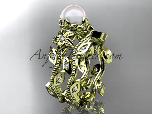 14kt yellow gold diamond pearl unique engagement set, wedding set AP151S - AnjaysDesigns