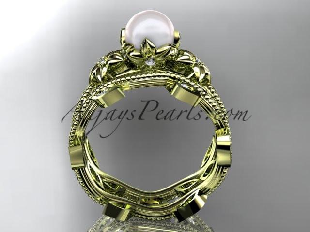 14kt yellow gold diamond pearl unique engagement set, wedding set AP151S - AnjaysDesigns