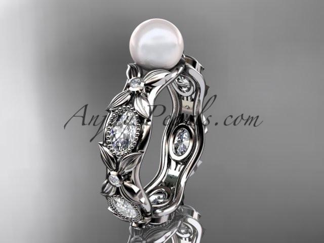 platinum diamond pearl unique engagement ring, wedding ring AP152 - AnjaysDesigns