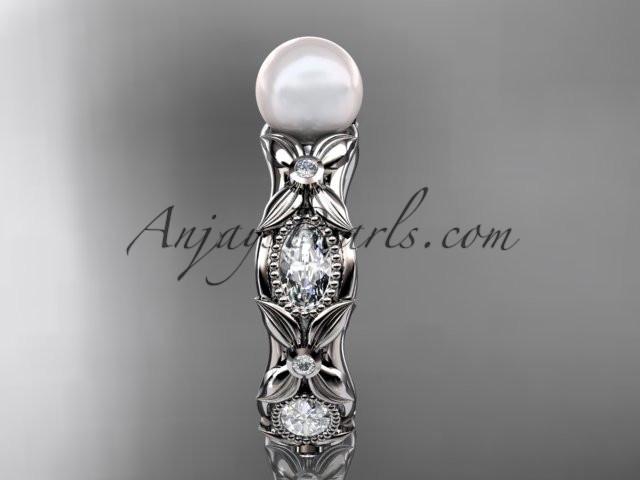 platinum diamond pearl unique engagement ring, wedding ring AP152 - AnjaysDesigns