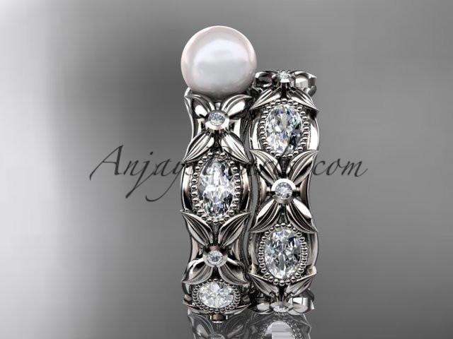 platinum diamond pearl unique engagement ring, wedding ring AP152S - AnjaysDesigns