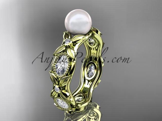 14kt yellow gold diamond pearl unique engagement ring, wedding ring AP152 - AnjaysDesigns