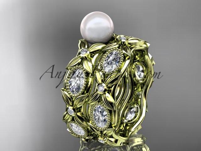 14kt yellow gold diamond pearl unique engagement ring, wedding ring AP152S - AnjaysDesigns
