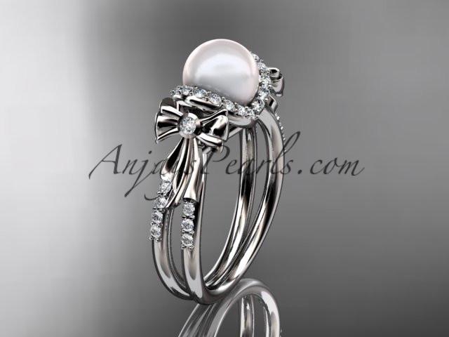 Platinum diamond pearl wedding ring, engagement ring AP155 - AnjaysDesigns