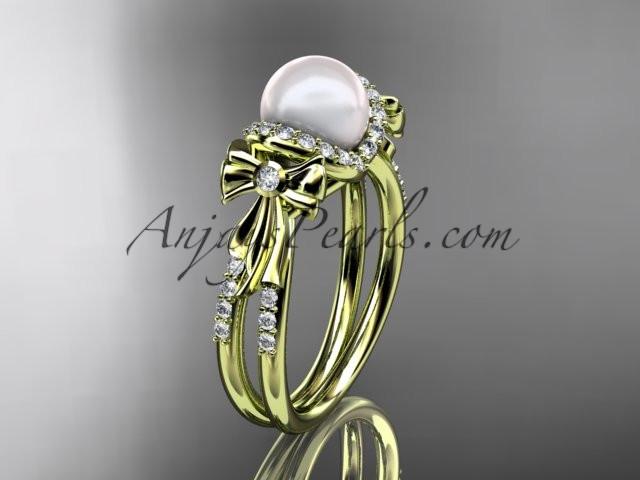 14k yellow gold diamond pearl wedding ring,engagement ring AP155 - AnjaysDesigns