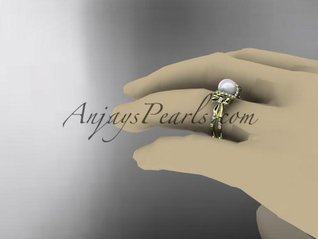 14k yellow gold diamond pearl wedding ring,engagement ring AP155 - AnjaysDesigns
