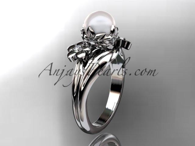 platinum diamond pearl unique engagement ring, wedding ring AP159 - AnjaysDesigns