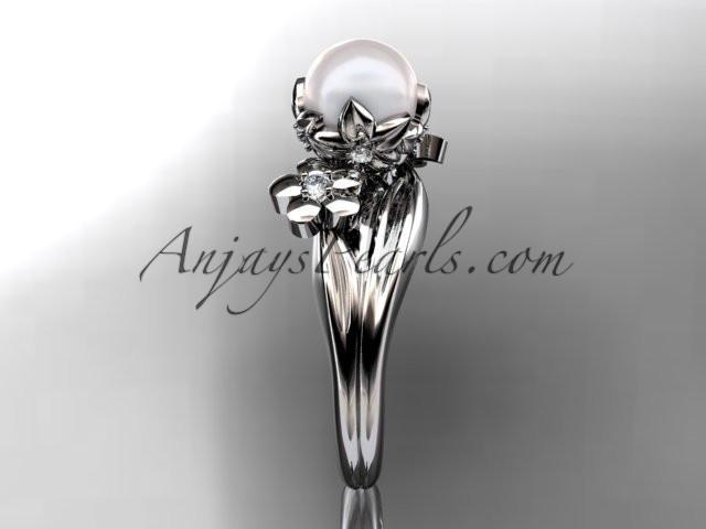 14kt white gold diamond pearl unique engagement ring, wedding ring AP159 - AnjaysDesigns