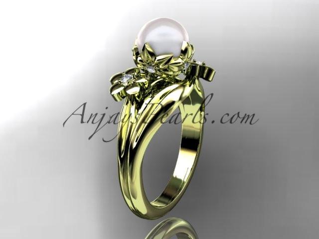 14kt yellow gold diamond pearl unique engagement ring, wedding ring AP159 - AnjaysDesigns