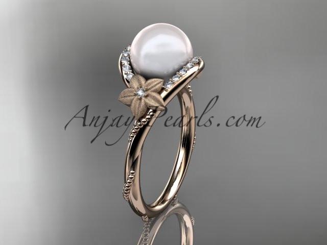 14k rose gold diamond leaf and vine, floral pearl wedding ring, engagement ring AP166 - AnjaysDesigns
