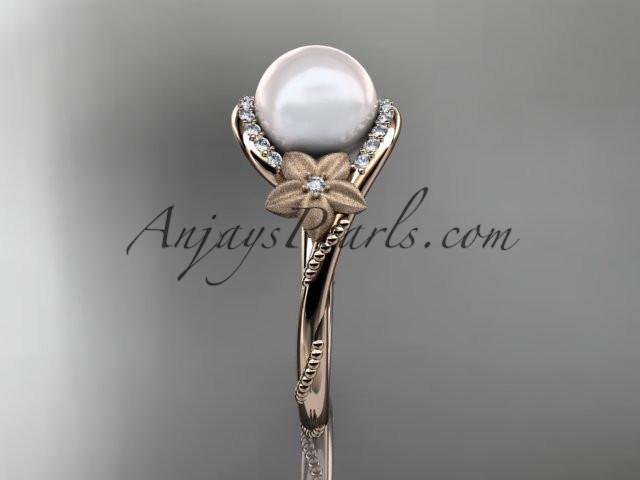 14k rose gold diamond leaf and vine, floral pearl wedding ring, engagement ring AP166 - AnjaysDesigns