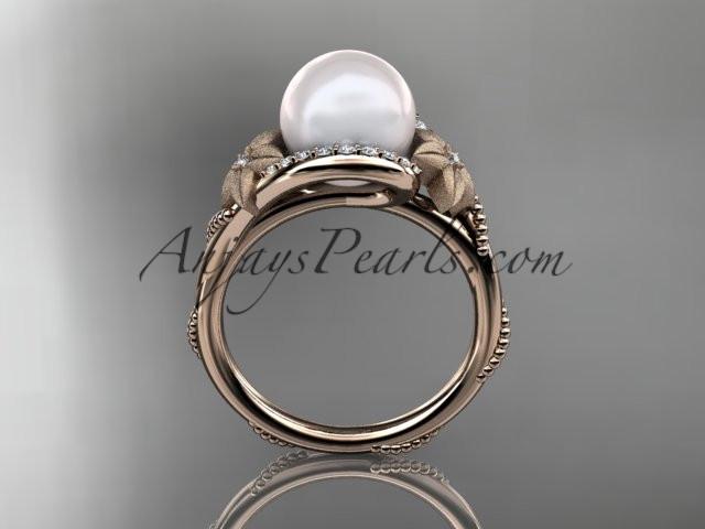 14k rose gold diamond leaf and vine, floral pearl wedding ring, engagement ring AP166 - AnjaysDesigns