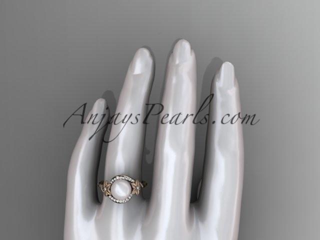 14k rose gold diamond leaf and vine, floral pearl wedding ring, engagement ring AP166 - AnjaysDesigns