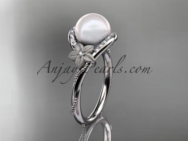 14k white gold diamond leaf and vine, floral pearl wedding ring, engagement ring AP166 - AnjaysDesigns
