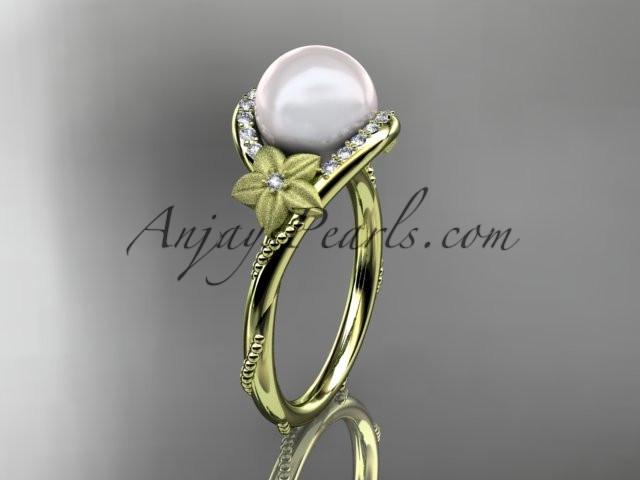 14k yellow gold diamond leaf and vine, floral pearl wedding ring, engagement ring AP166 - AnjaysDesigns
