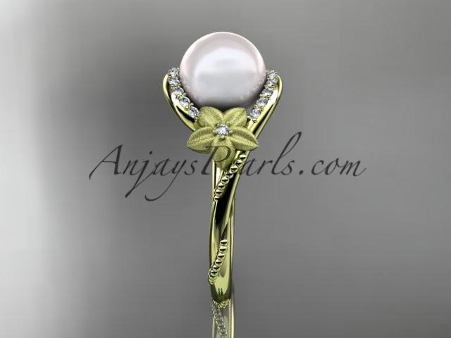 14k yellow gold diamond leaf and vine, floral pearl wedding ring, engagement ring AP166 - AnjaysDesigns