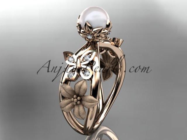 14kt rose gold diamond pearl unique engagement ring, wedding ring AP171 - AnjaysDesigns