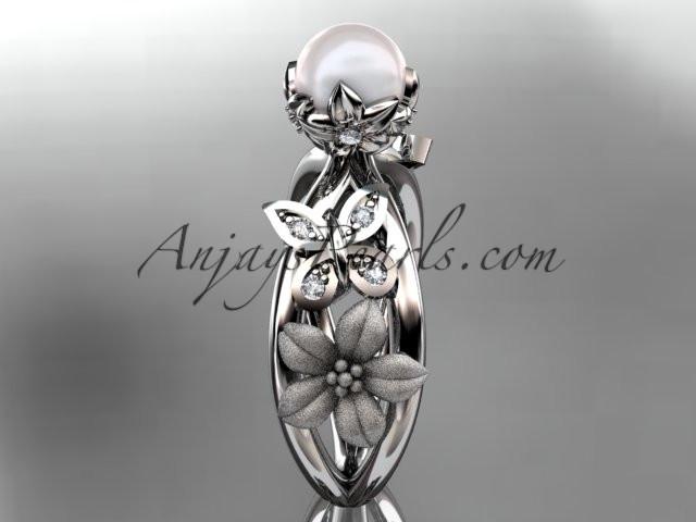 Platinum diamond pearl unique engagement ring, wedding ring AP171 - AnjaysDesigns