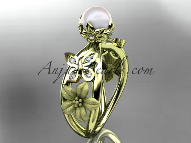 14kt yellow gold diamond pearl unique engagement ring, wedding ring AP171 - AnjaysDesigns