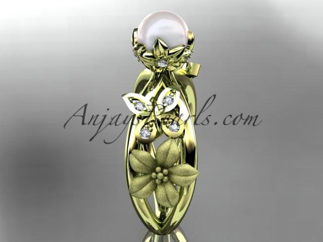 14kt yellow gold diamond pearl unique engagement ring, wedding ring AP171 - AnjaysDesigns