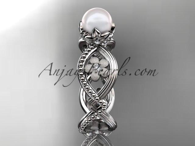 14kt white gold diamond pearl unique engagement ring AP192 - AnjaysDesigns
